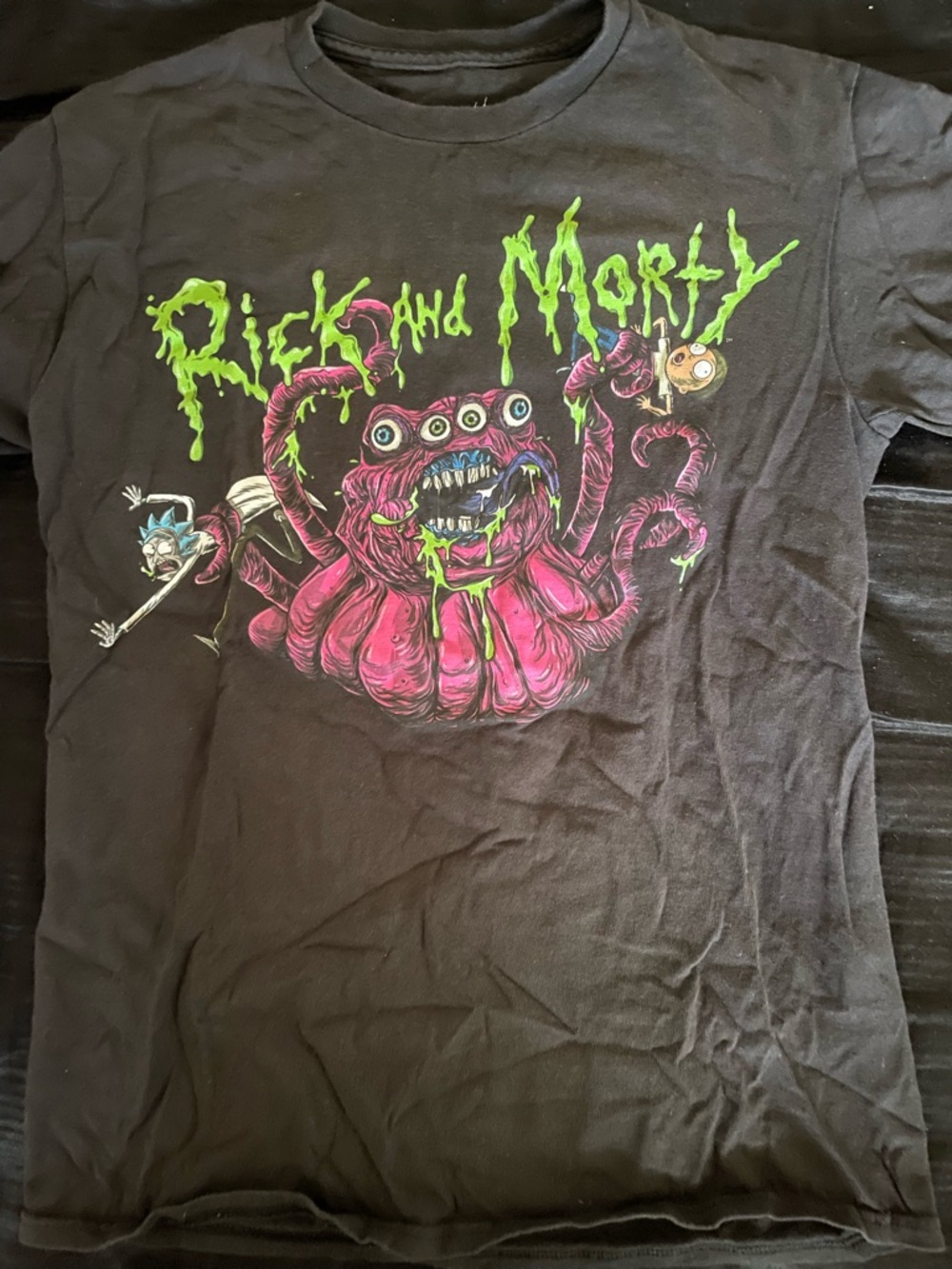 Rick and Morty Black Graphic Tee with Neon Green & Hot Pink Monster